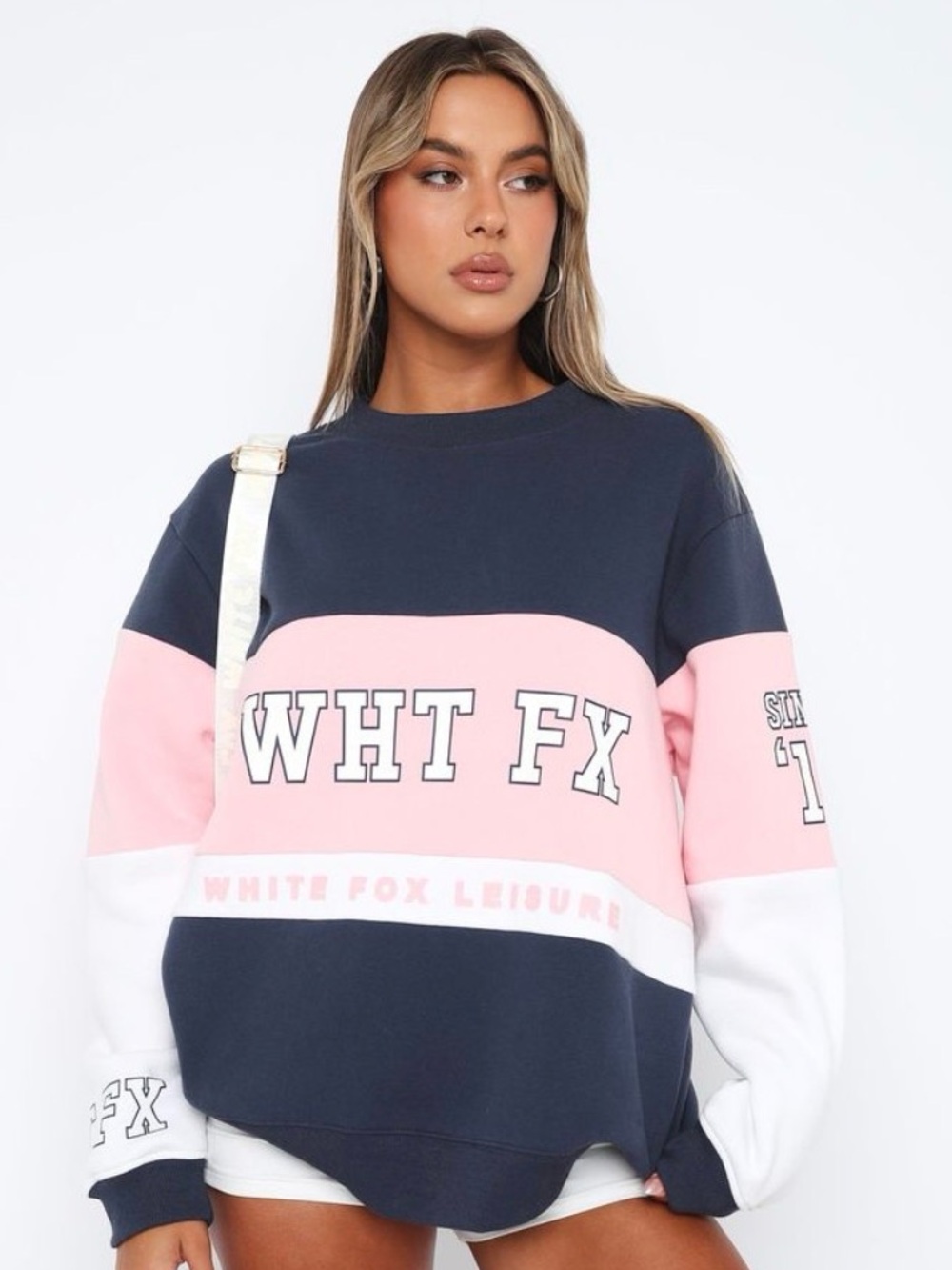 White Fox Navy & Pink Colorblock Crewneck Sweatshirt size medium large